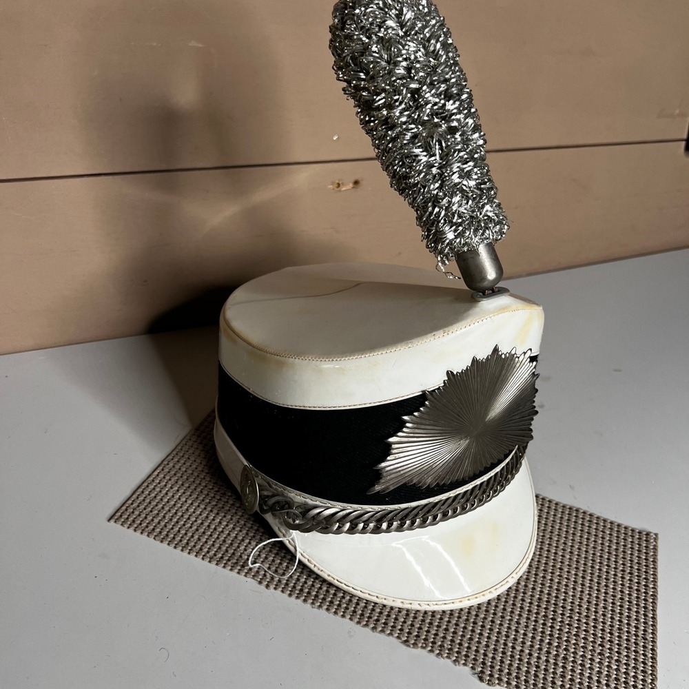 Vintage Marching Band Shako Hat White Black Silver Sunburst Plume Size 6 1/8